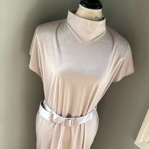 Vintage Joseph Bruno metallic silver sheath dress midi belted EVC size L